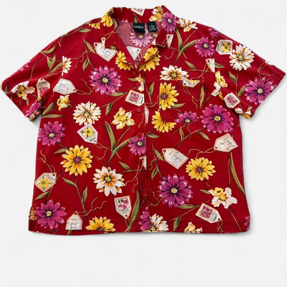 Red and yellow vintage floral button-up shirt ERIKA